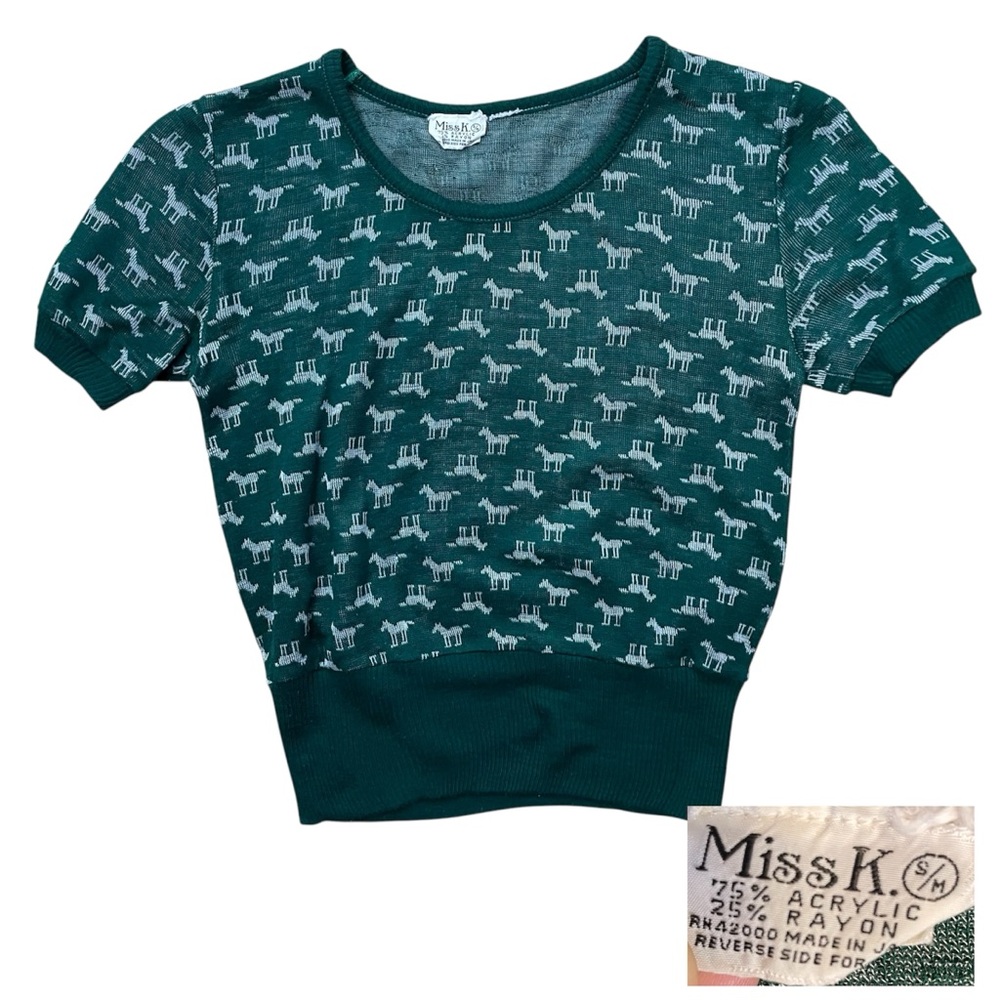 Vtg Miss K Top Novelty Print SM Green  Retro Horse Knit Cottage Equestrian Twee